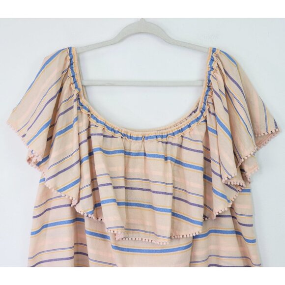 Lane Bryant Off The Shoulder Pom Top Stripe Flounce Overlay Blouse Beige 26 / 28 - Picture 5 of 7